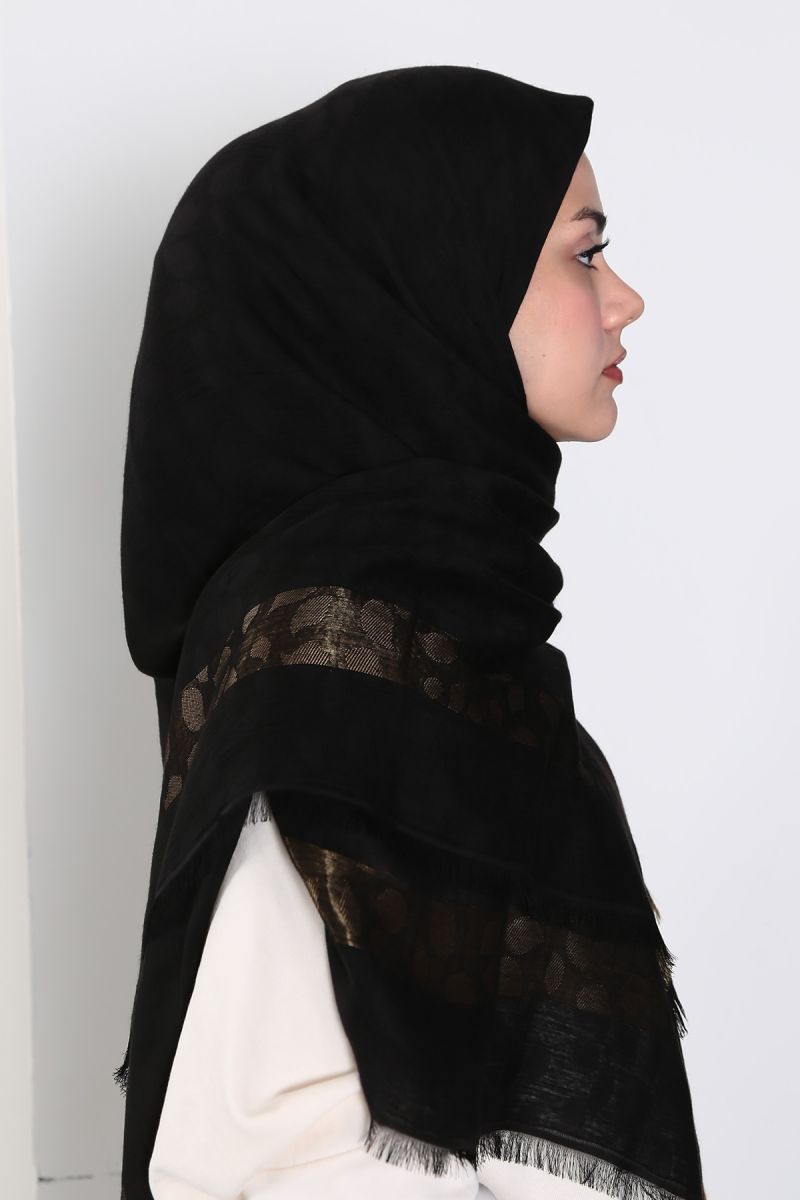 Siyah Gold 140cm x 140cm Eşarp - Yapraklı
