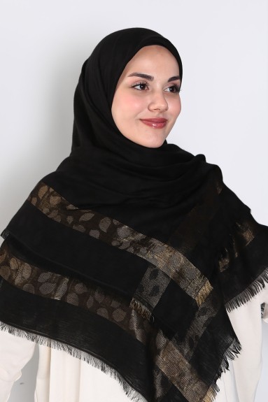 Zenipek - Siyah Gold 140cm x 140cm Eşarp - Yapraklı