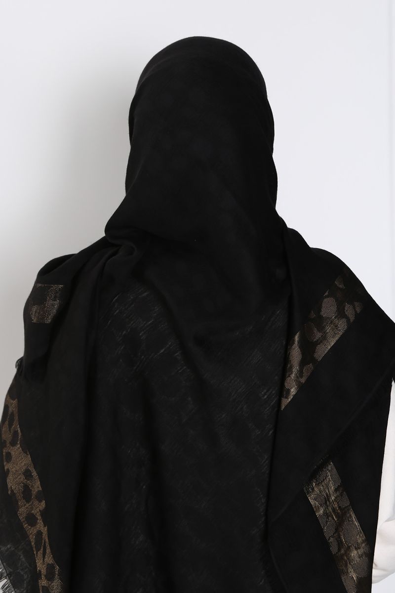 Siyah Gold 140cm x 140cm Eşarp - Yapraklı