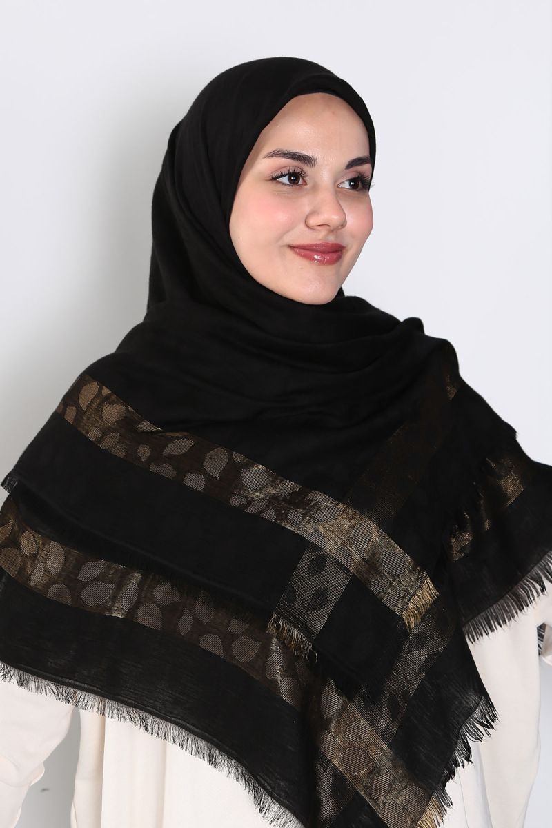 Siyah Gold 140cm x 140cm Eşarp - Yapraklı