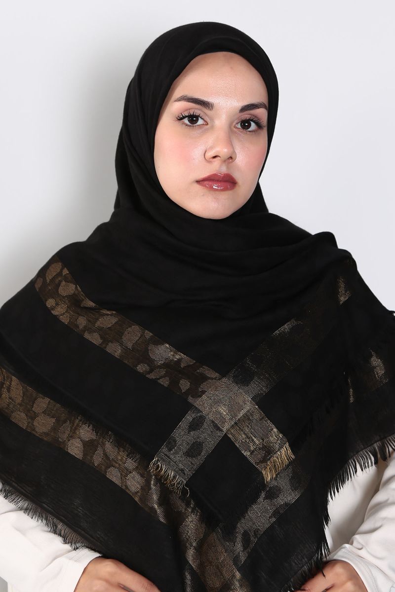 Siyah Gold 140cm x 140cm Eşarp - Yapraklı