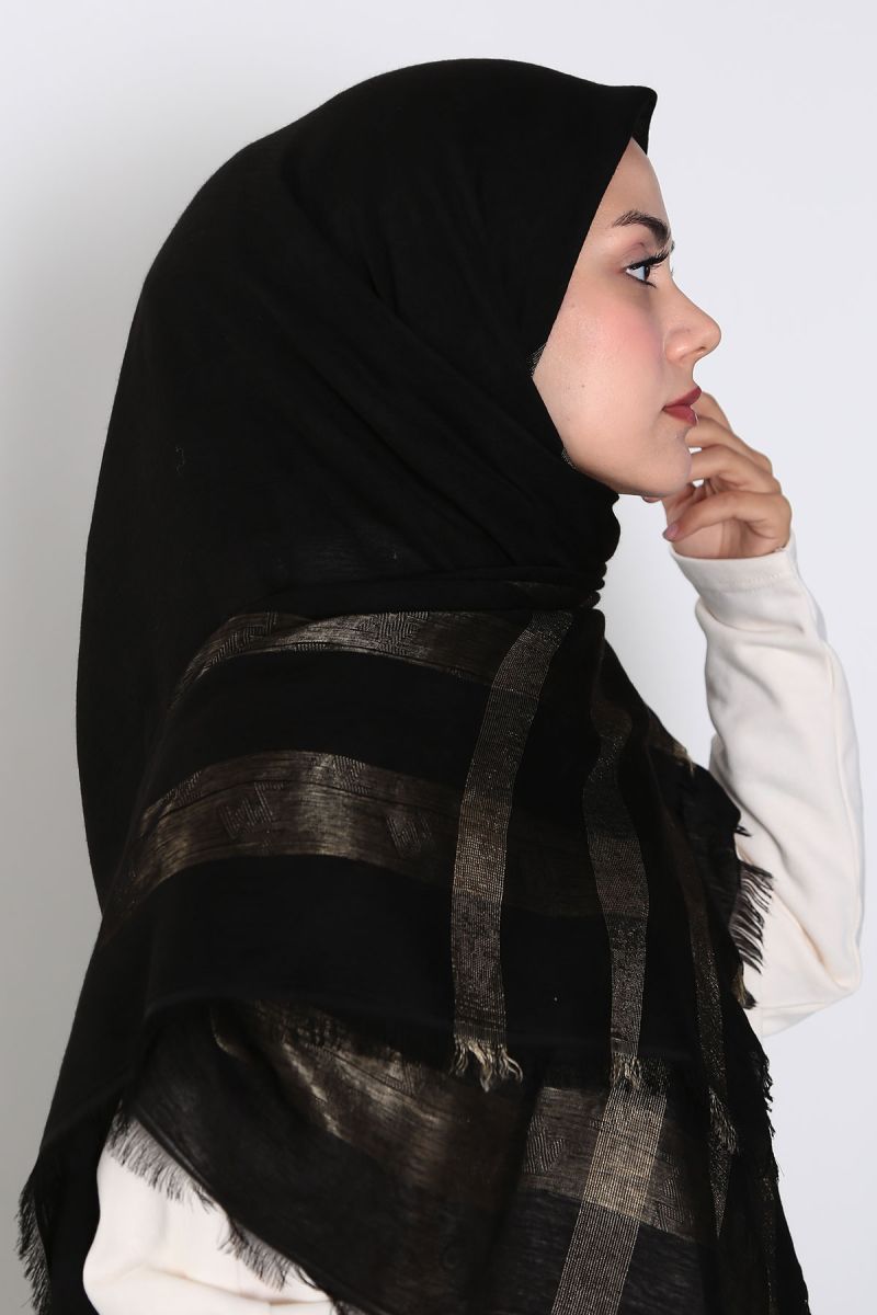 Siyah Gold 140cm x 140cm Eşarp - Zikzaklı