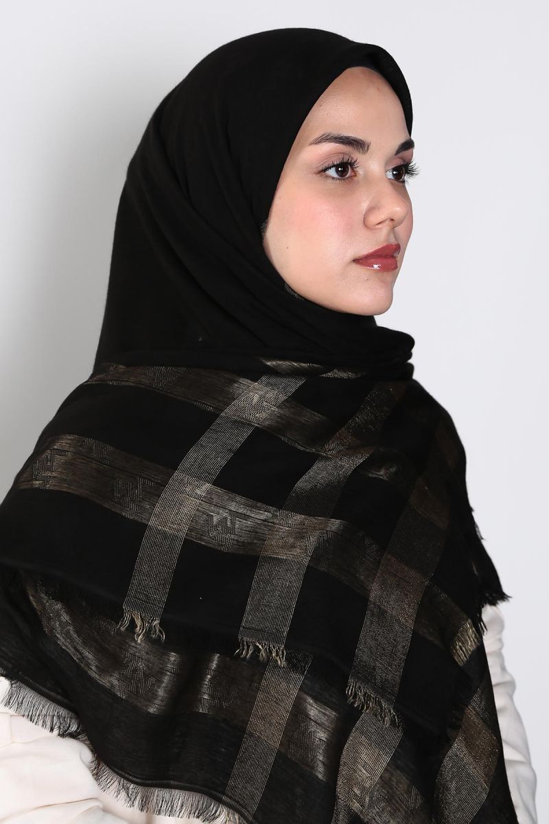 Siyah Gold 140cm x 140cm Eşarp - Zikzaklı