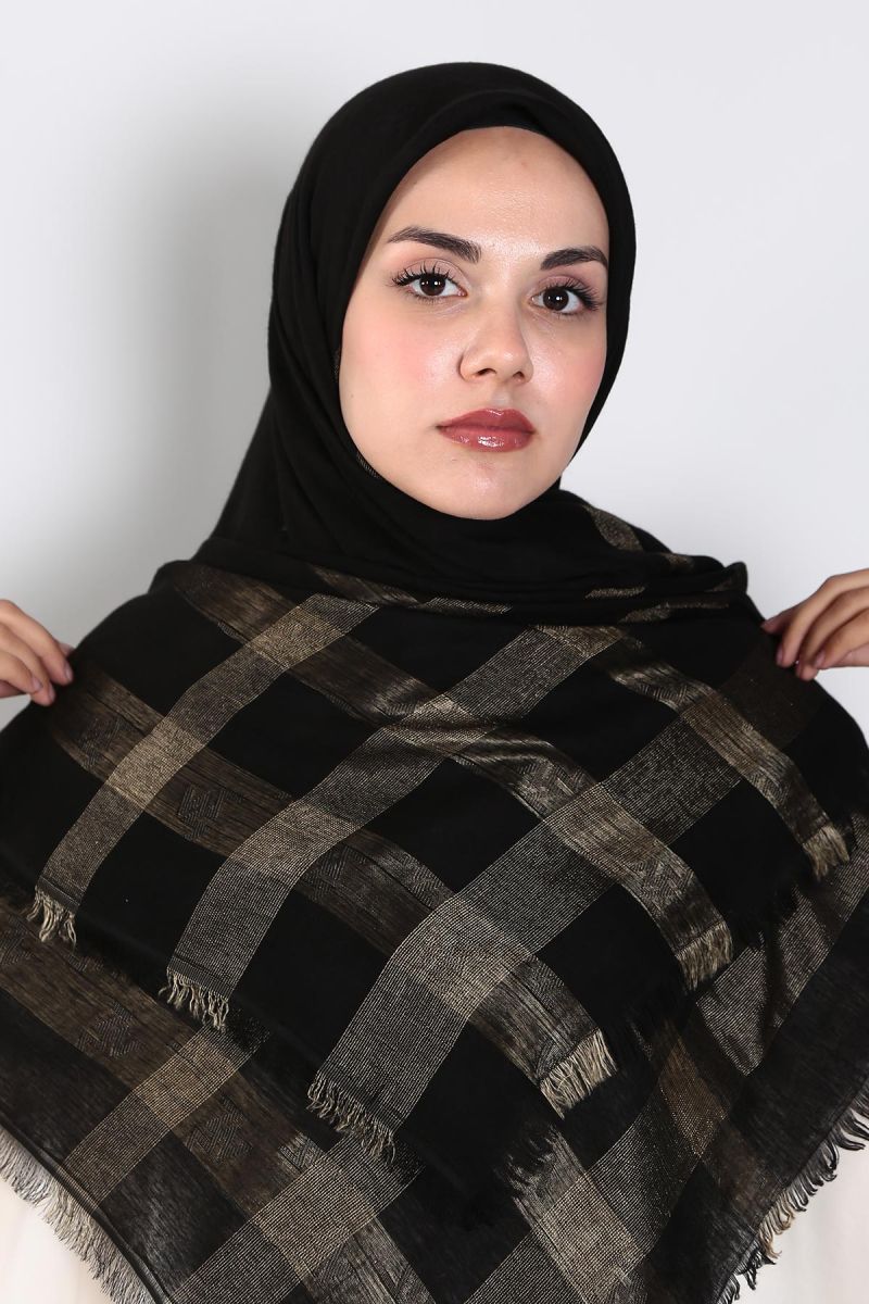 Siyah Gold 140cm x 140cm Eşarp - Zikzaklı