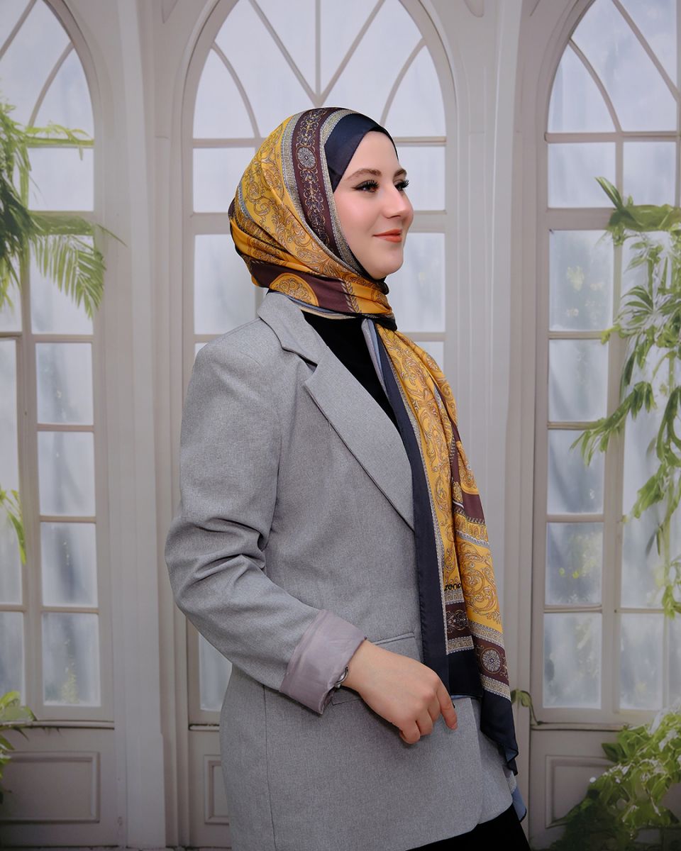 Vual İpek Şal Versace Desen - Hardal Kahve