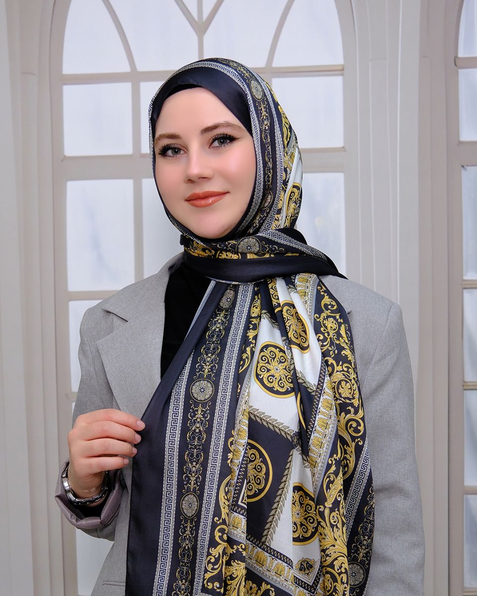 Vual İpek Şal Versace Desen - Siyah Krem