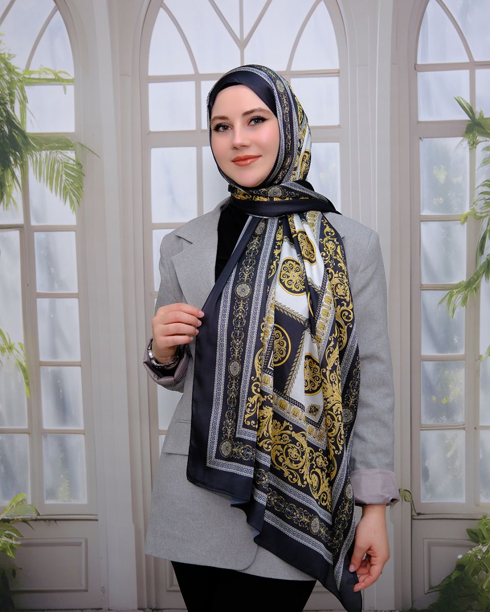 Vual İpek Şal Versace Desen - Siyah Krem