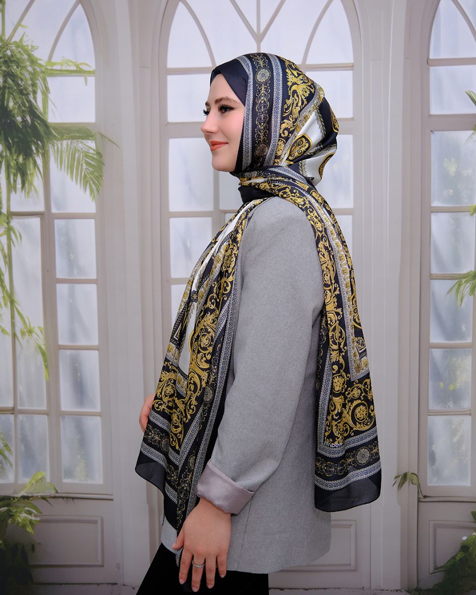 Vual İpek Şal Versace Desen - Siyah Krem