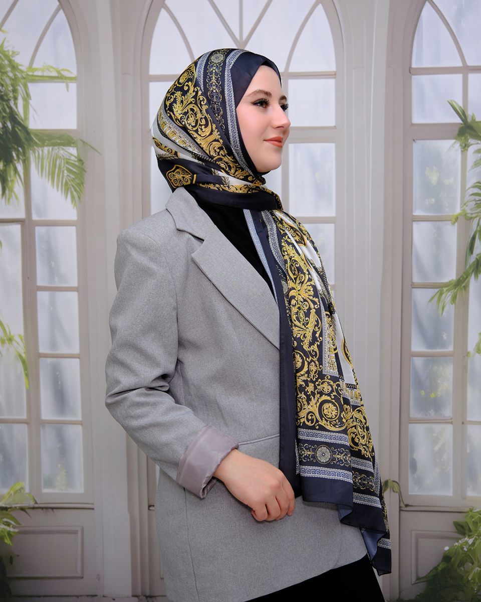 Vual İpek Şal Versace Desen - Siyah Krem